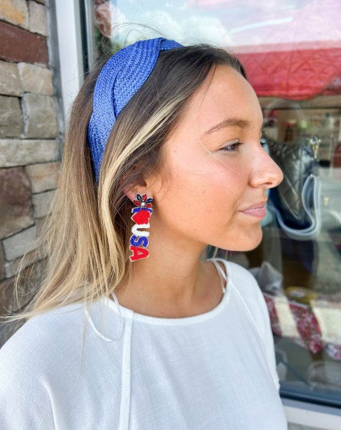 Patriotic I LOVE USA Red White Blue Beaded Earrings