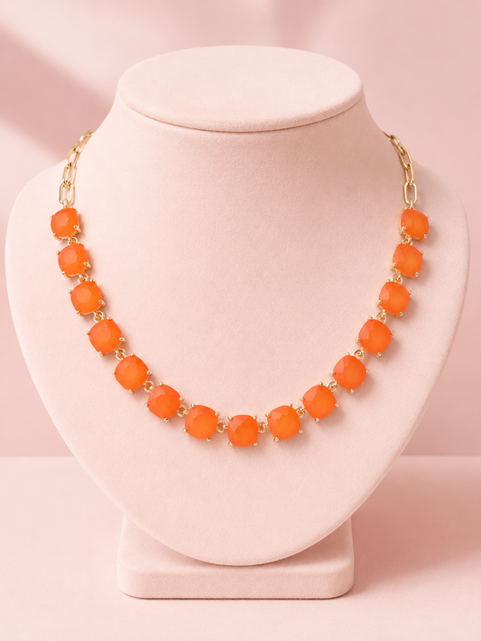 Coral Crystal Cushion Stone Necklace