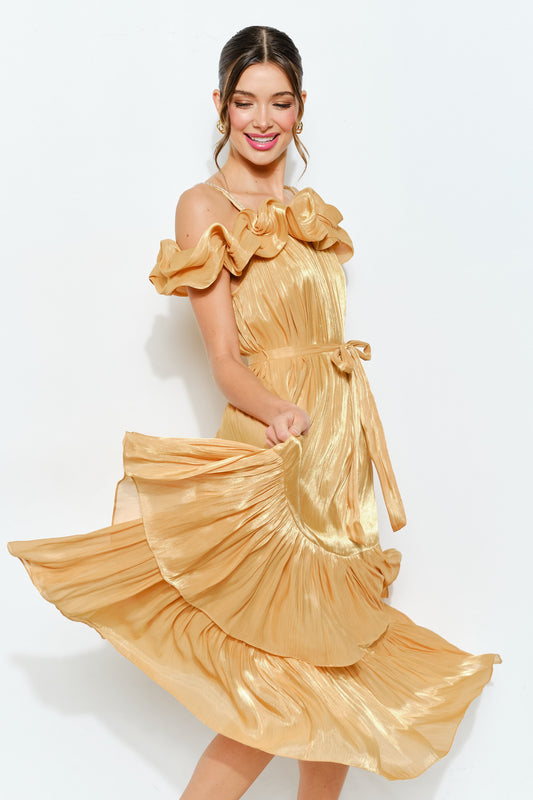 Shimmer In Gold Off-Shoulder Dress