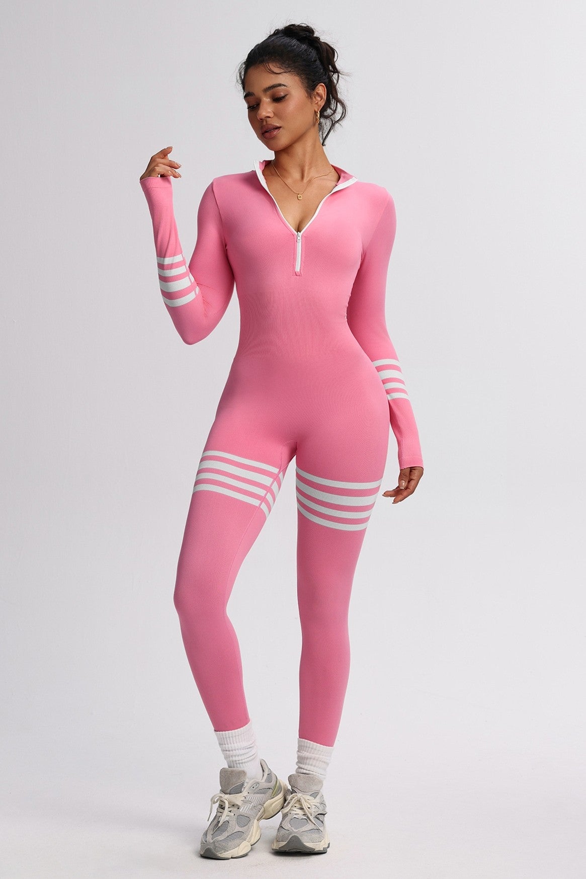 ZOE ZIPPER FRONT ATHLEISURE JUMPSUIT IN PINK