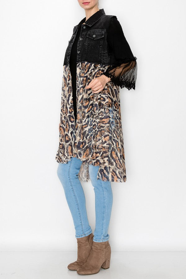 Deidre Denim Vest Boho Lace Hem in Black Leopard