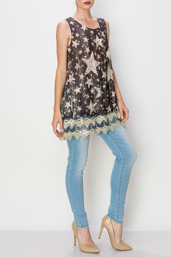 Lola Lined Lace Detail Hi-Lo Tank Top in Black Star