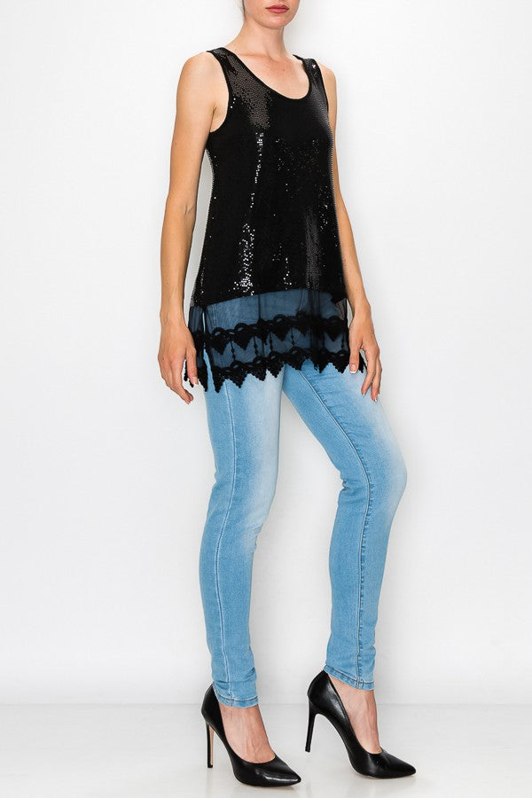 Zerah Sparkle Lace Extended Length Tank Top in Black