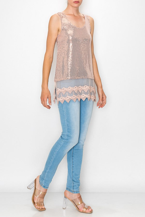 Zerah Sparkle Lace Extended Length Tank Top in Pink