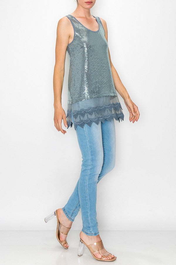 Zerah Sparkle Lace Extended Length Tank Top in Blue