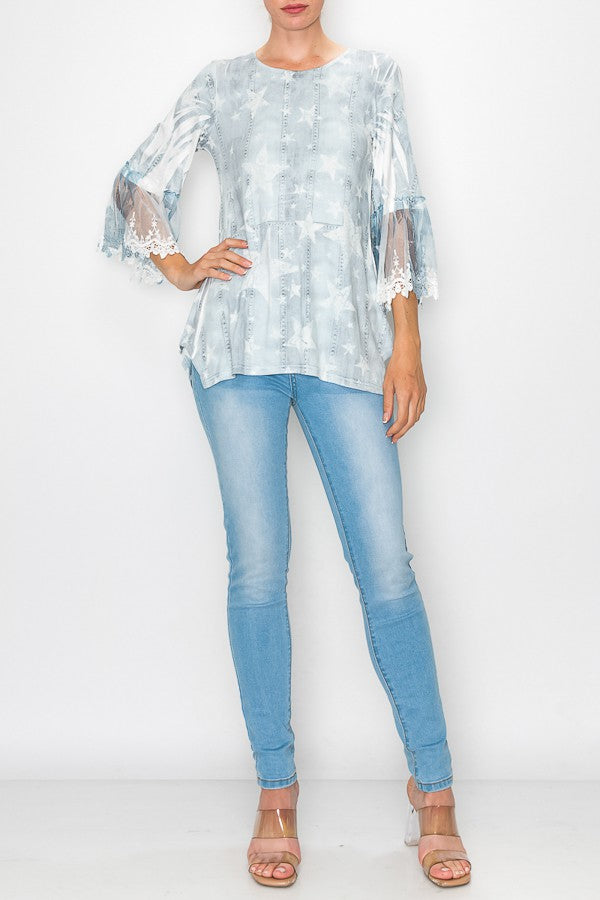 Olivia Star Printed Lace Bell Sleeved Tunic Top In Blue