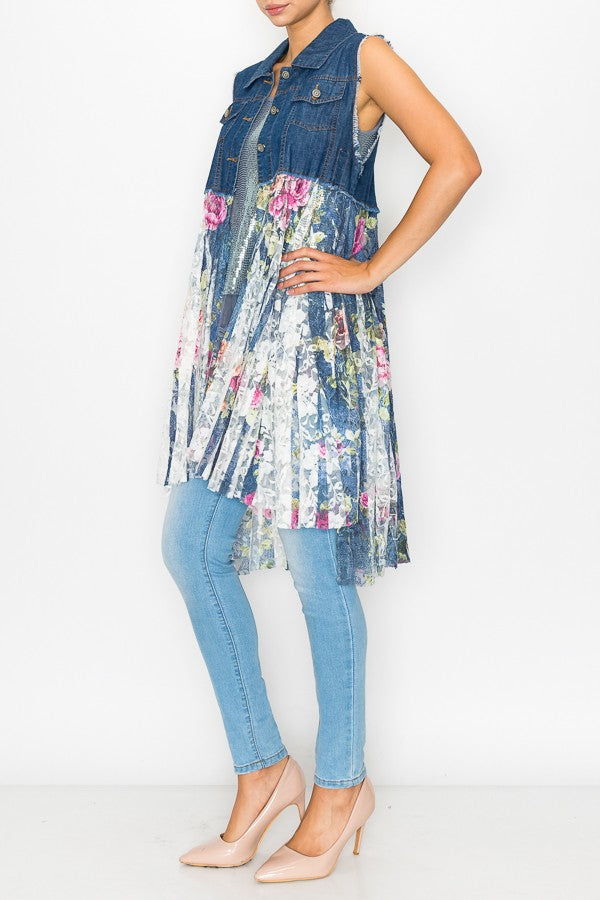 Deidre Denim Vest Boho Hem in Blue Rose