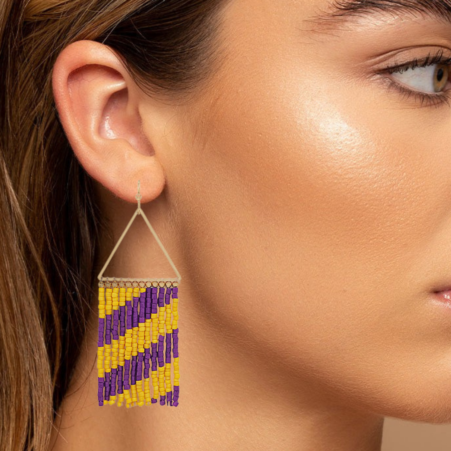 Yellow & Purple Striped Seed Bead Fringe Earrings