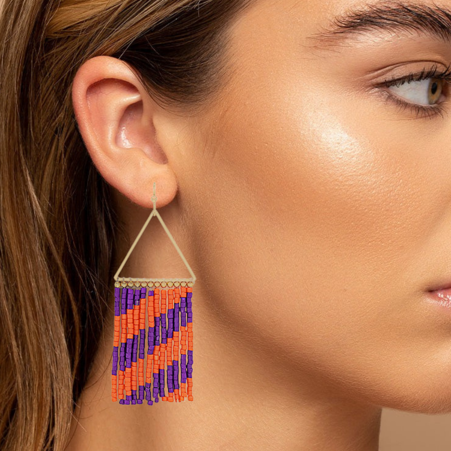 Purple & Orange Striped Seed Bead Fringe Earrings