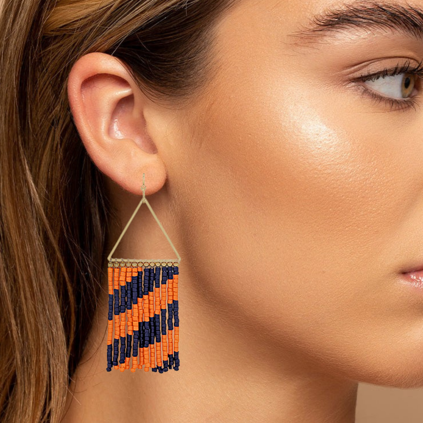 Orange & Blue Striped Seed Bead Fringe Earrings