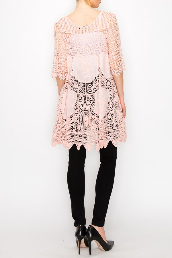 Rowen Crochet Lace Bohemian Tunic Top in Pink