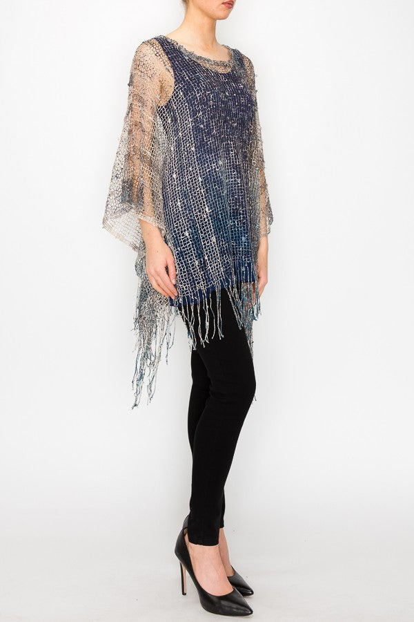 Nylah Metallic Sparkle Printed Boho Festival Mesh Top in Blue