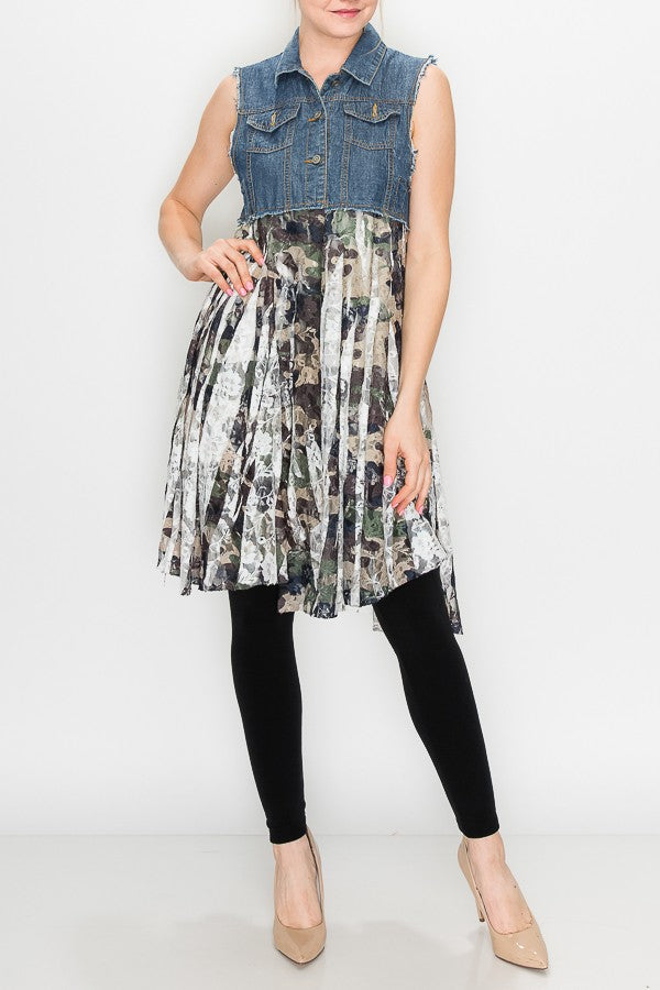 Deidre Blue Denim Vest Boho Lace Hem in Camo Print