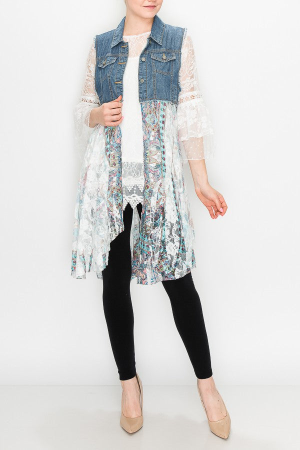Deidre Blue Denim Vest Lace Hem in Teal Boho Print