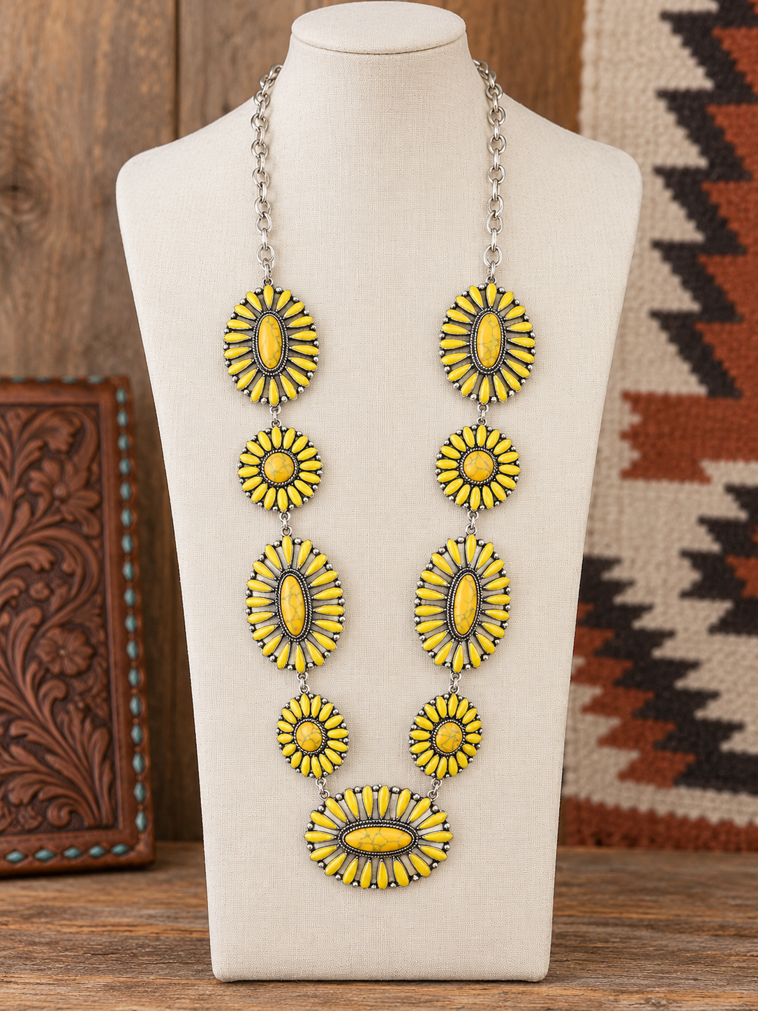 Yellow Stone Western Boho Concho Silver Necklace
