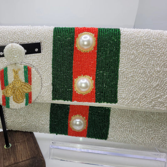 Red Green Striped White Beaded Clutch Bag