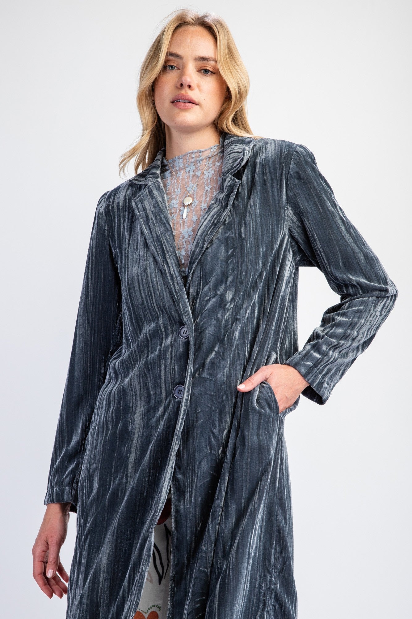 Sadie Seventies Shimmer Velvet Boho Retro Long Coat in Blue