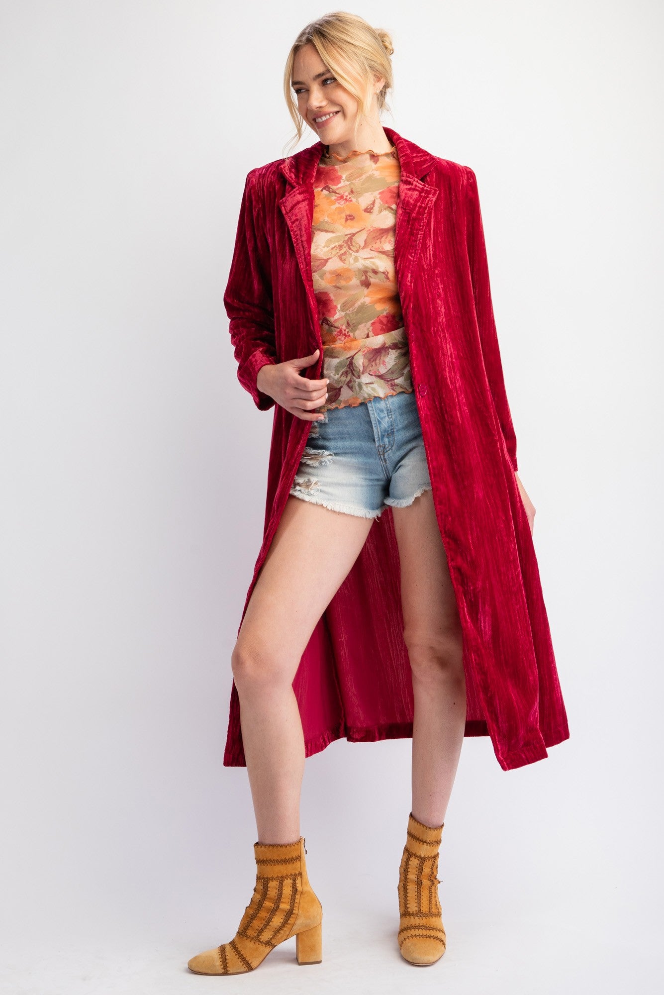 Sadie Seventies Shimmer Velvet Boho Retro Long Coat in Red