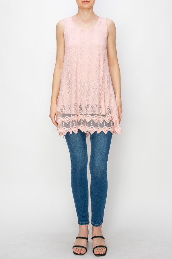 Lola Lined Lace Detail Hi-Lo Tank Top in Pink