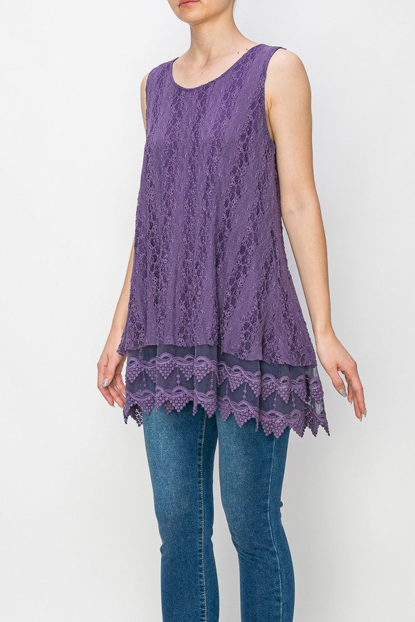 Lola Lined Lace Detail Hi-Lo Tank Top in Purple