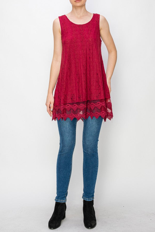 Lola Lined Lace Detail Hi-Lo Tank Top in Red