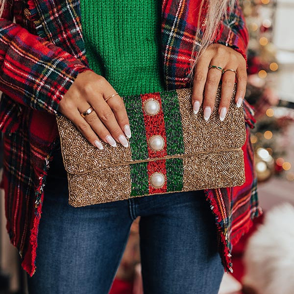 Red Green Striped Gold Beaded Clutch Bag
