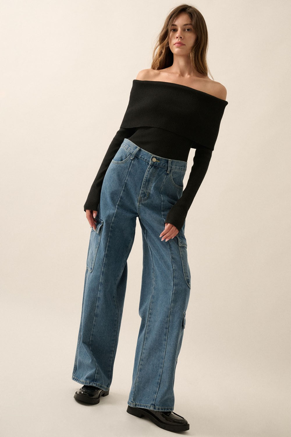 Shaper Fit Knit Off-Shoulder Ribbed Fold-Over Top in Black