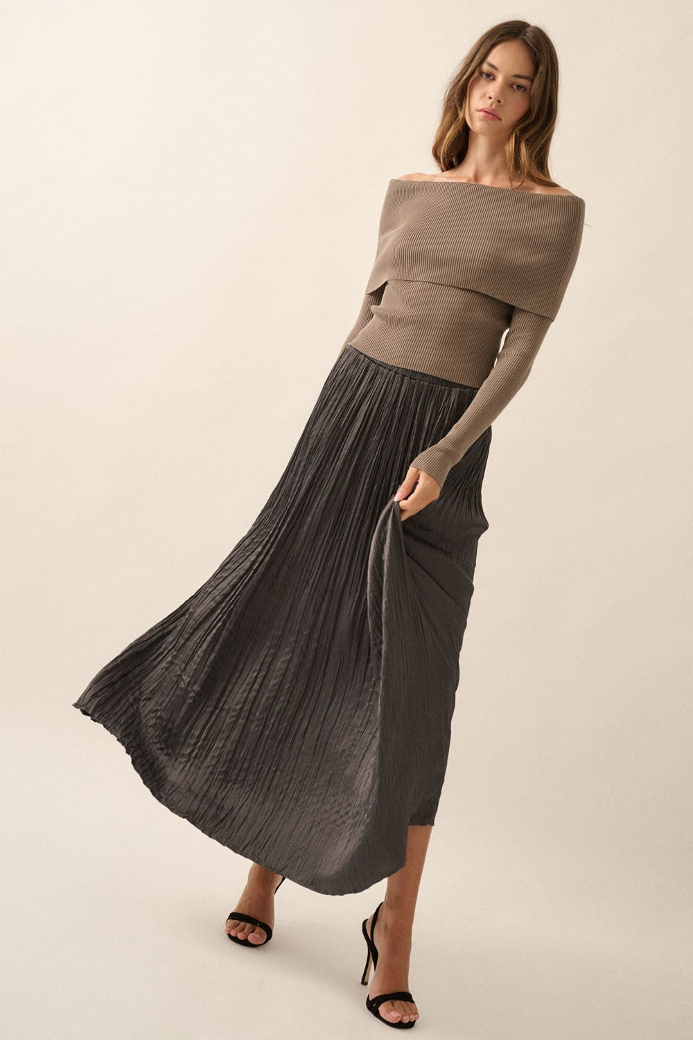 Shaper Fit Knit Off-Shoulder Ribbed Fold-Over Top in Brown