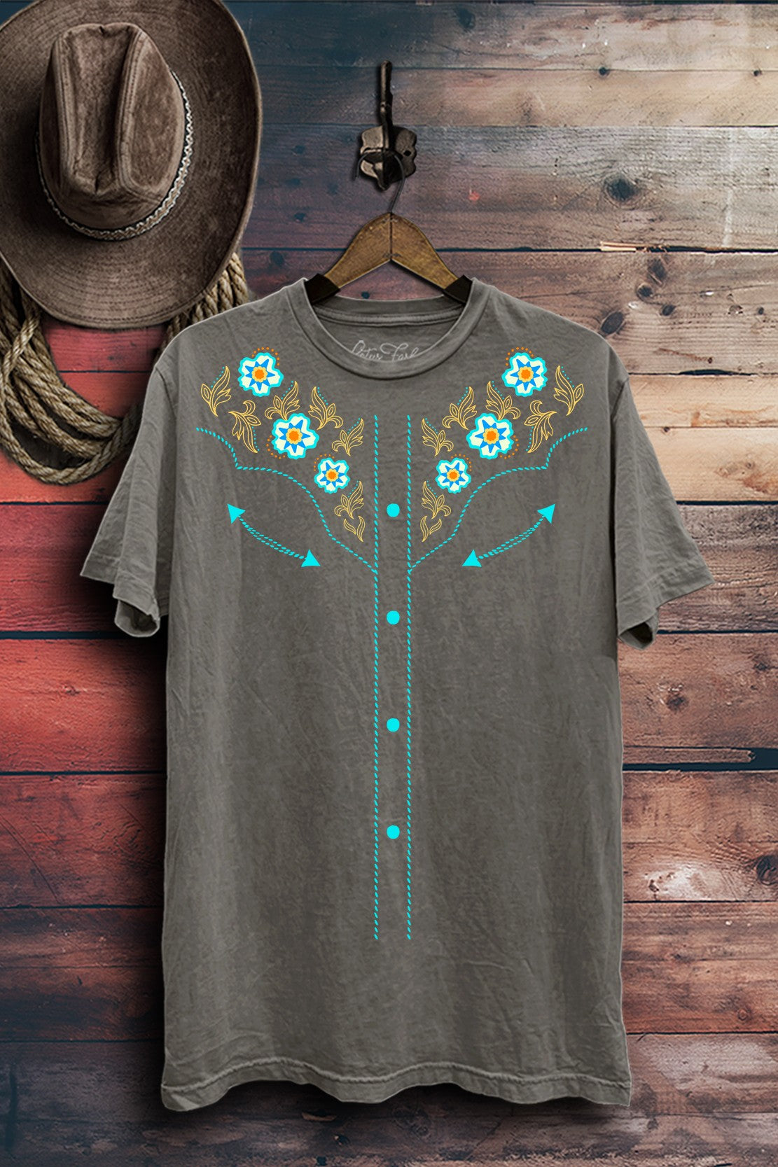Floral Button Design Western Graphic T-Shirt