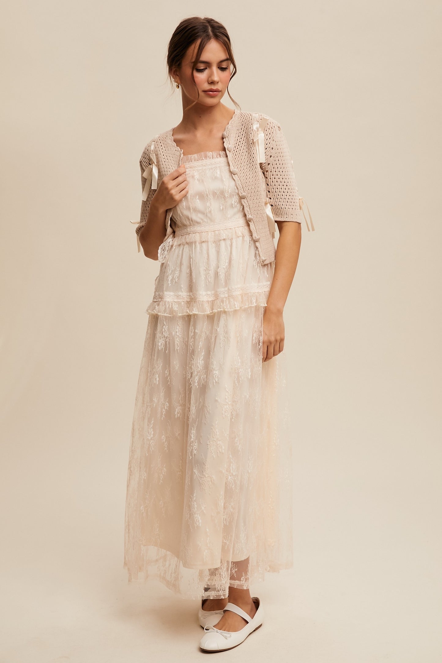 The Thia Romantic Boho Lace Maxi Dress in Cream