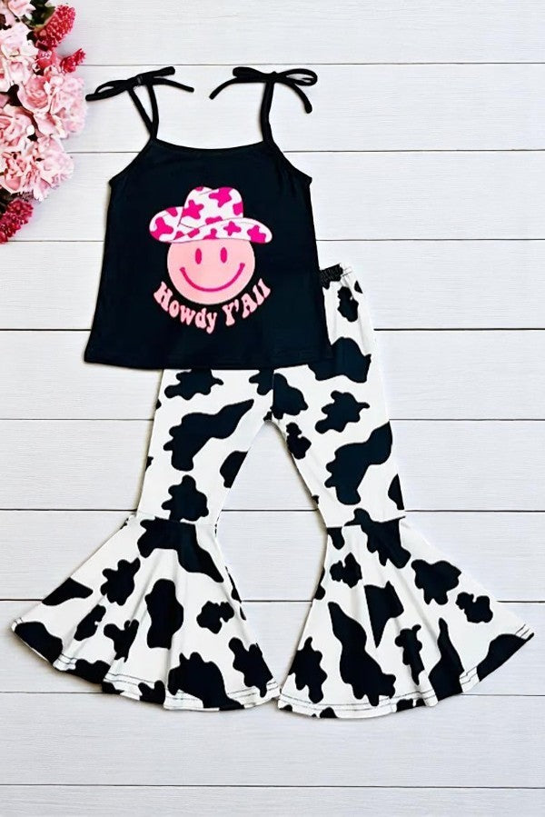 Girls Howdy Y'all Smiley Face Cow Printed 2pc Set