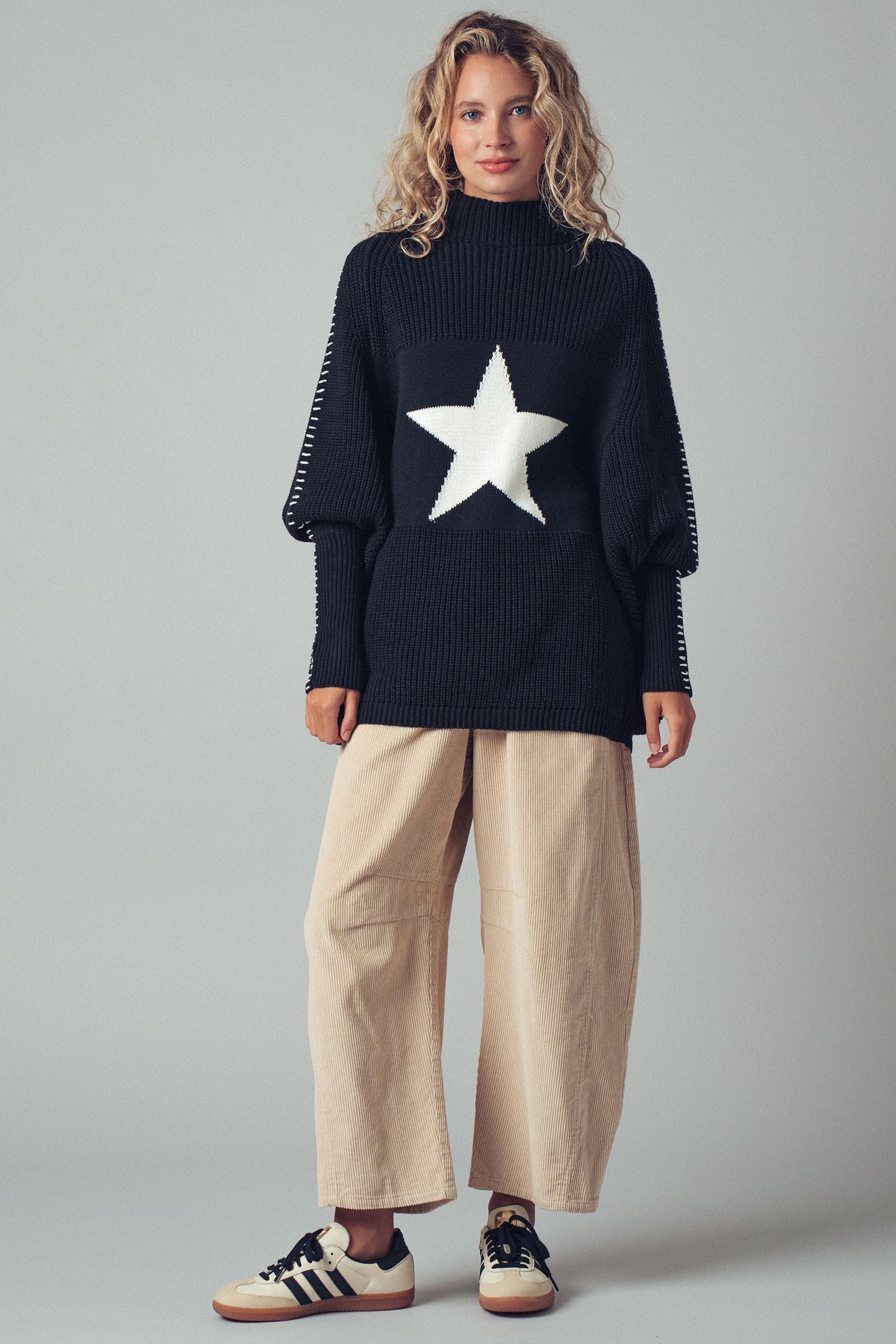 She's A Star Oversized Contrast Stitch Sweater in Black