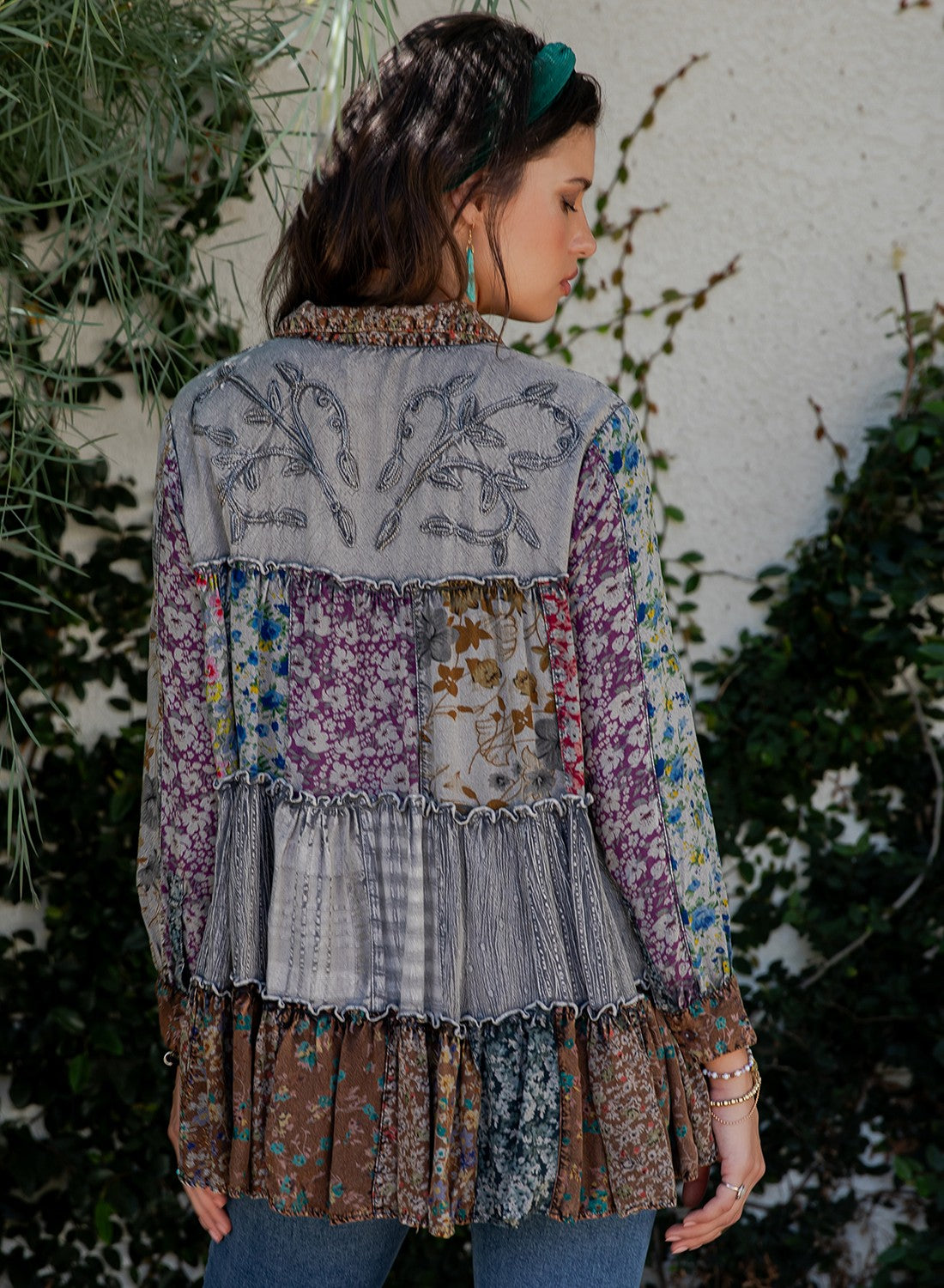 Bellamie Boho Patchwork Button Ruffle Tunic Top