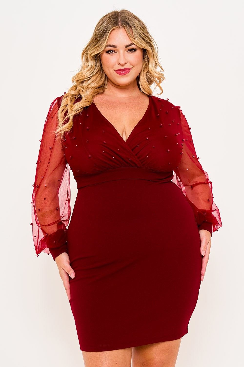 Burgundy Pearl Beaded Mesh Plus Mini Dress