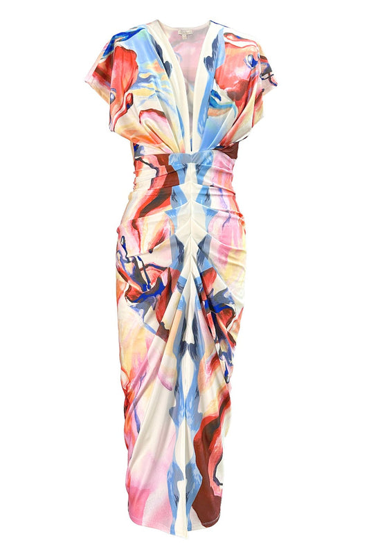 Artful Canvas Gathered Front Midi Dress
