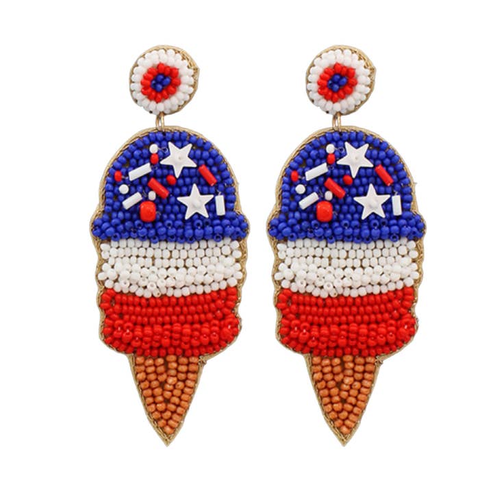4th of July Patriotic Ice Cream Cone Beaded Earrings