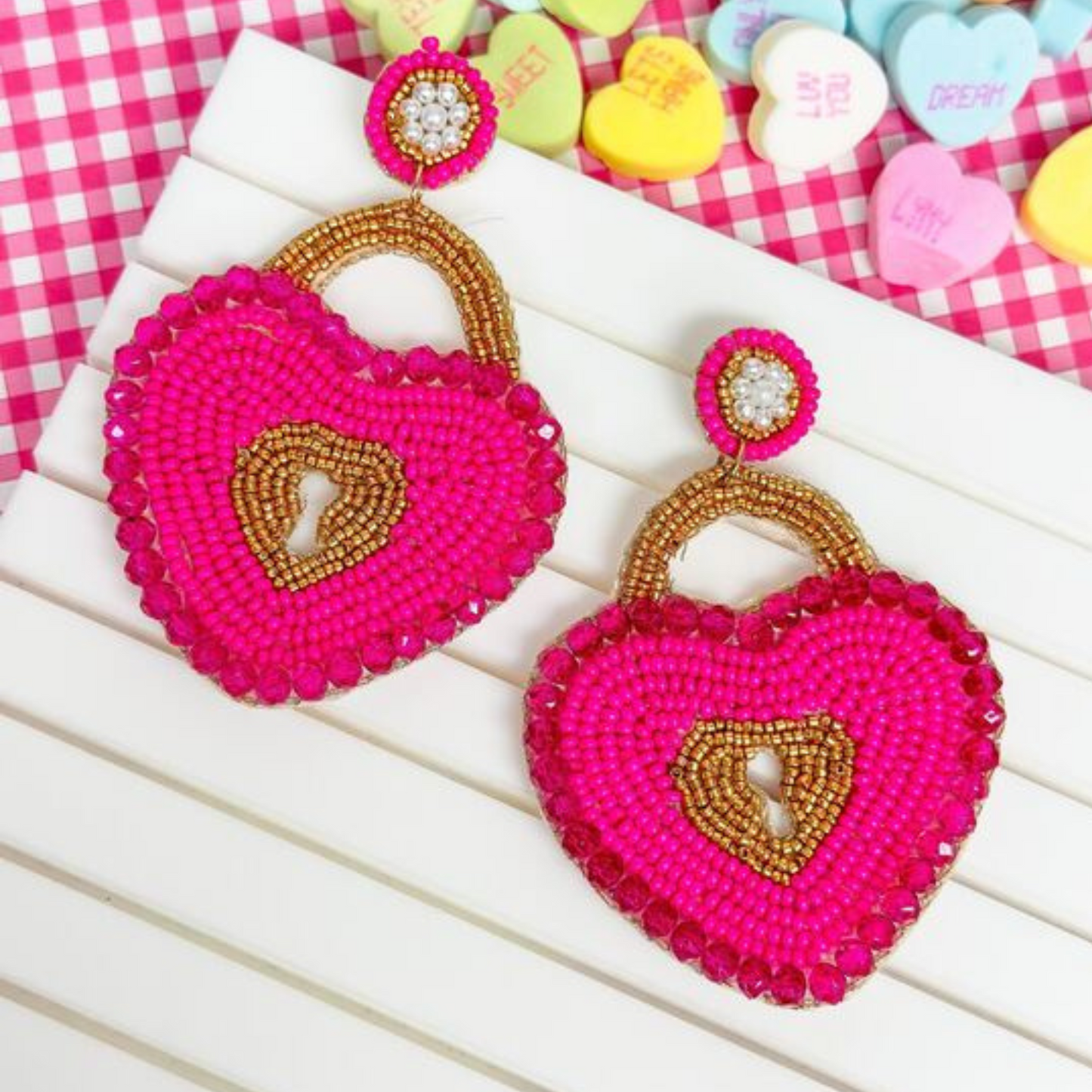 Heart Love Locket Beaded Valentine's Day Earrings
