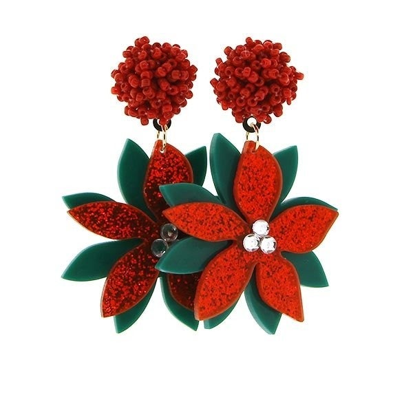 Sparkle & Seed Beaded Poinsettia Christmas Earrings