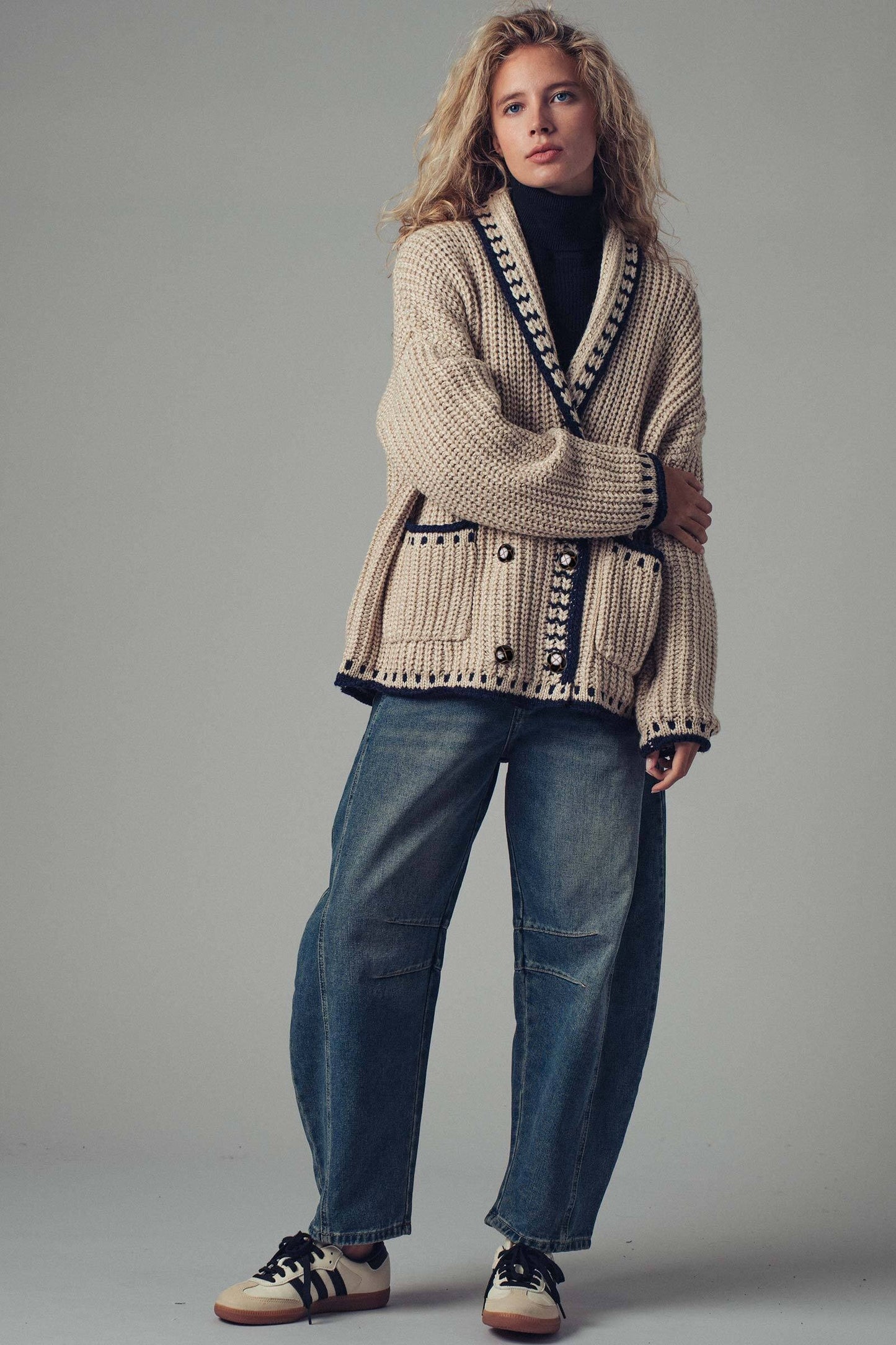 Academia Core Oversized Contrast Stitch Cardigan Sweater