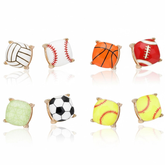 Cushion Cut Glass Bead Soccer Gold Stud Earrings