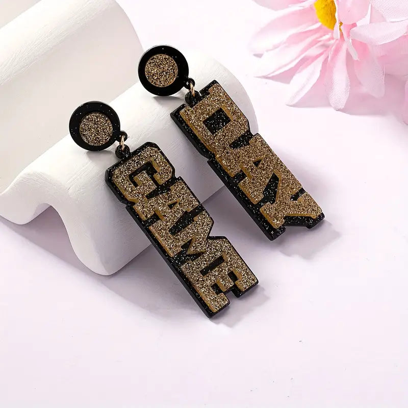 Black Gold Glitter GAMEDAY Football Earrings