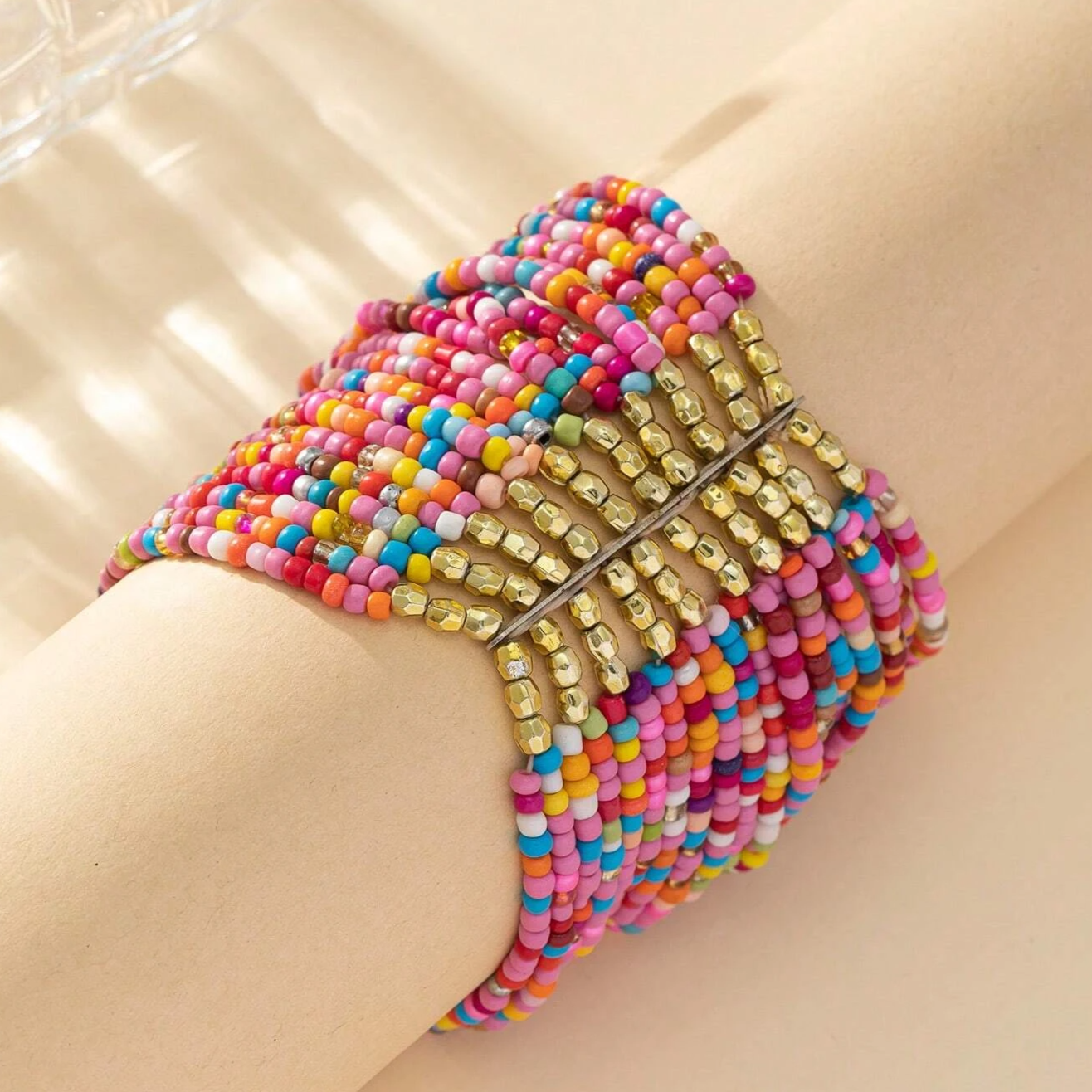 Beaded Rainbow Stretch Statement Cuff Boho Bracelet
