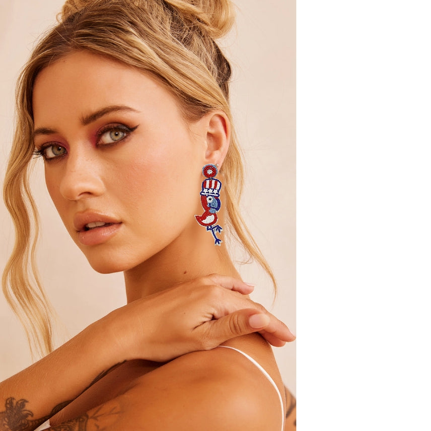 Flamingo Uncle Sam USA 4th of July Beaded Earrings