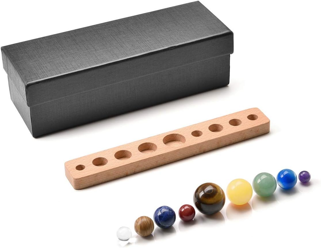 Solar System 9 Planets Natural Gemstones in Wooden Stand