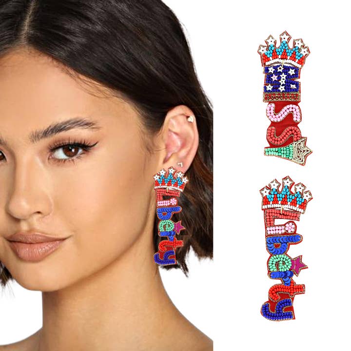 Miss Liberty Patriotic USA 4th of July Beaded Earrings