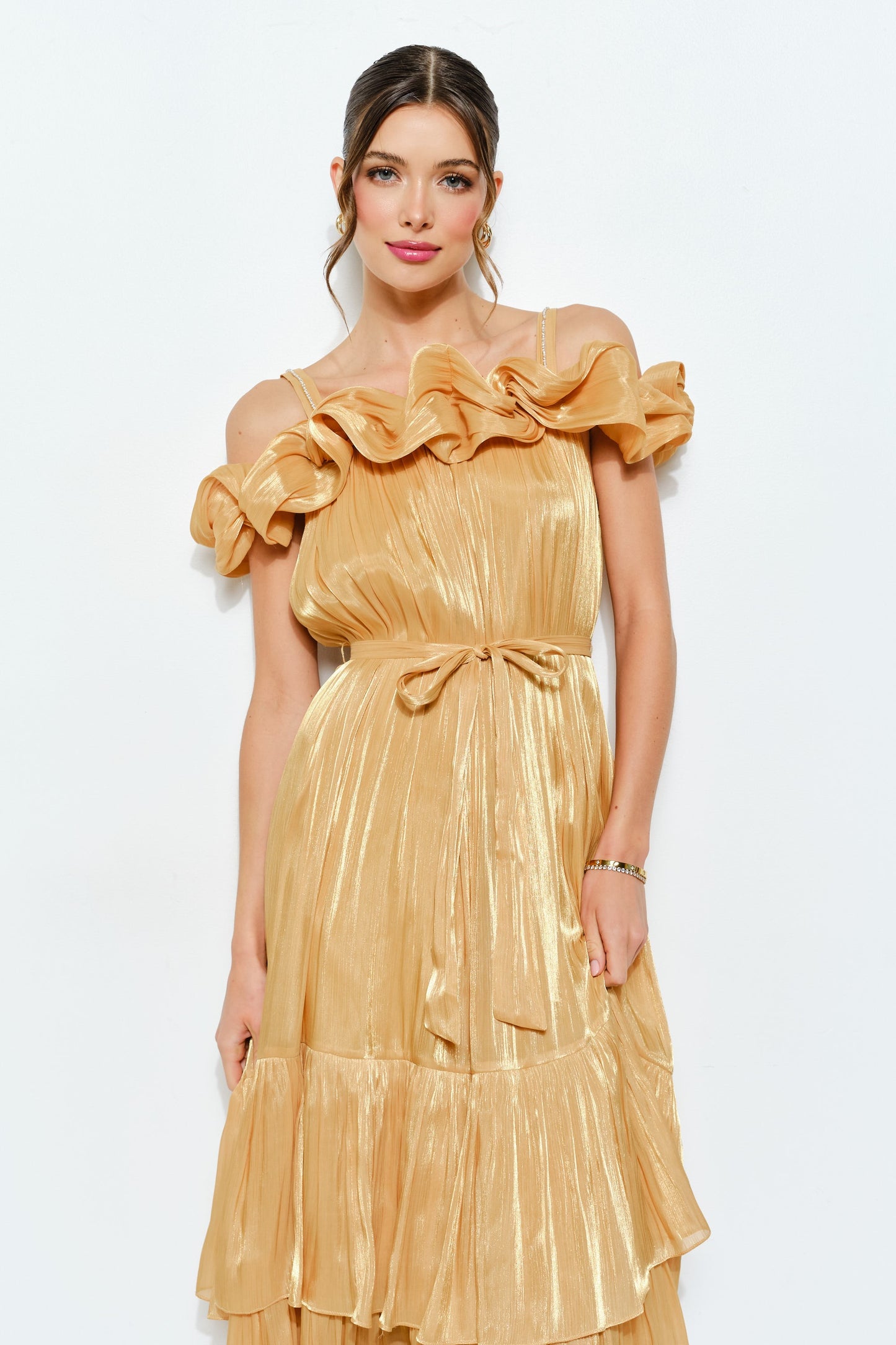 Shimmer In Gold Off-Shoulder Dress