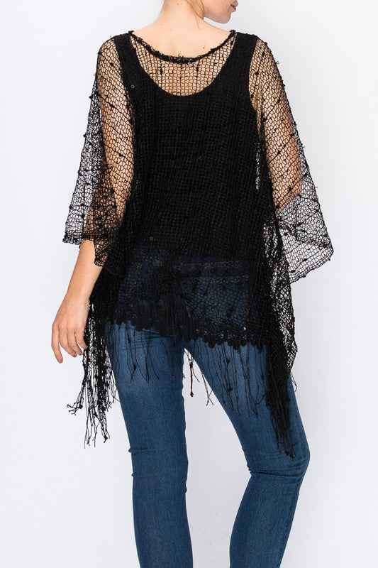 Nylah Metallic Sparkle Print Boho Festival Mesh Top in Black