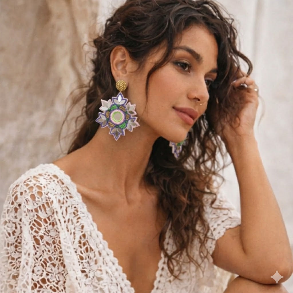 Deepa Gurnani Ari Mirror Tile Boho Flower Earrings