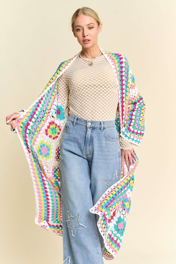 Coachella Ready Boho Style Crochet Neon Knit Cardigan