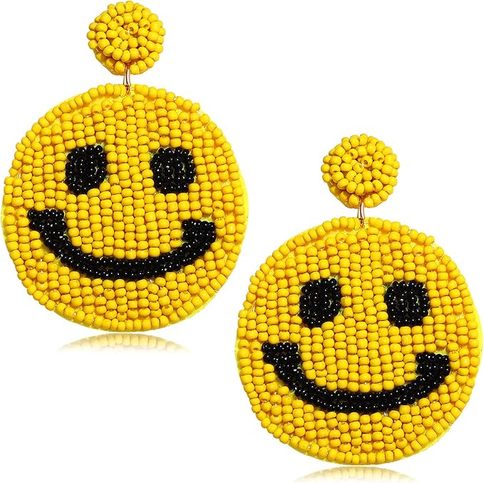 Smiley Face Emoji Yellow Seed Beaded Earrings
